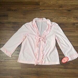 NWT Deadstock Vintage Pink Ruffle Blouse Lace Bow Tie Women Medium Coquette‎